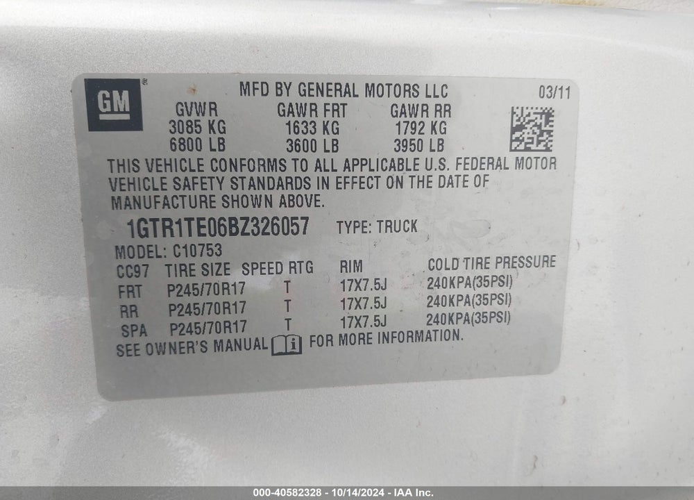 2011 GMC SIERRA 1500 WORK TRUCK VIN: 1GTR1TE06BZ326057