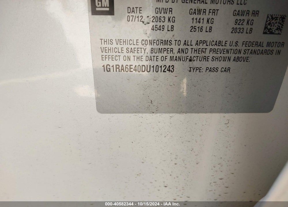 2013 CHEVROLET VOLT VIN: 1G1RA6E40DU101243