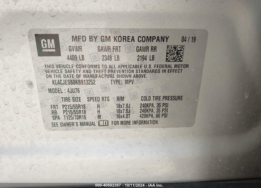 2019 BUICK ENCORE AWD PREFERRED VIN: KL4CJESB0KB913252