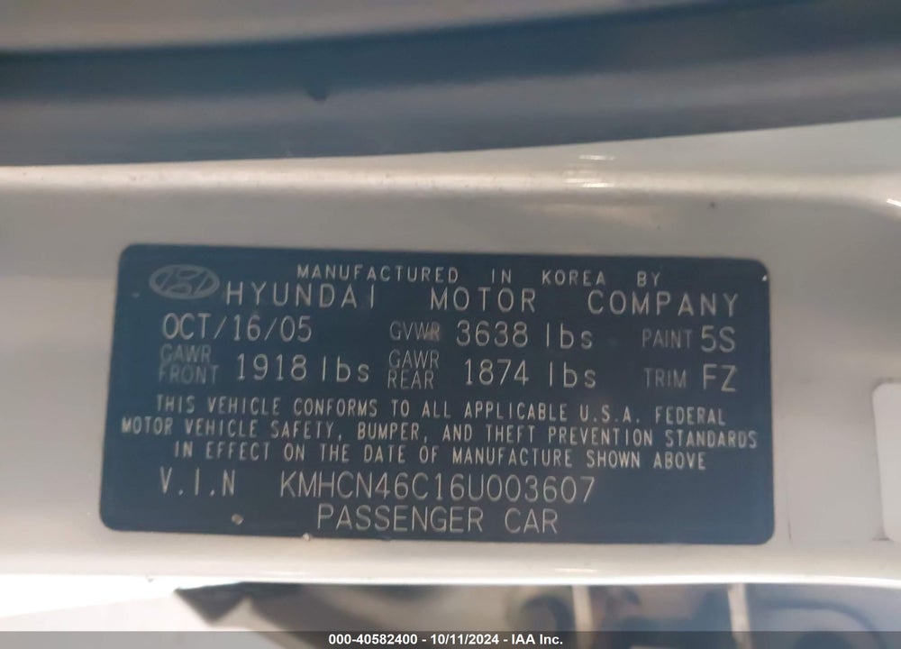 2006 HYUNDAI ACCENT GLS VIN: KMHCN46C16U003607