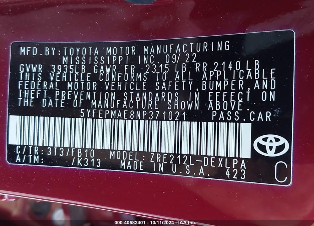 2022 TOYOTA COROLLA LE VIN: 5YFEPMAE8NP371021