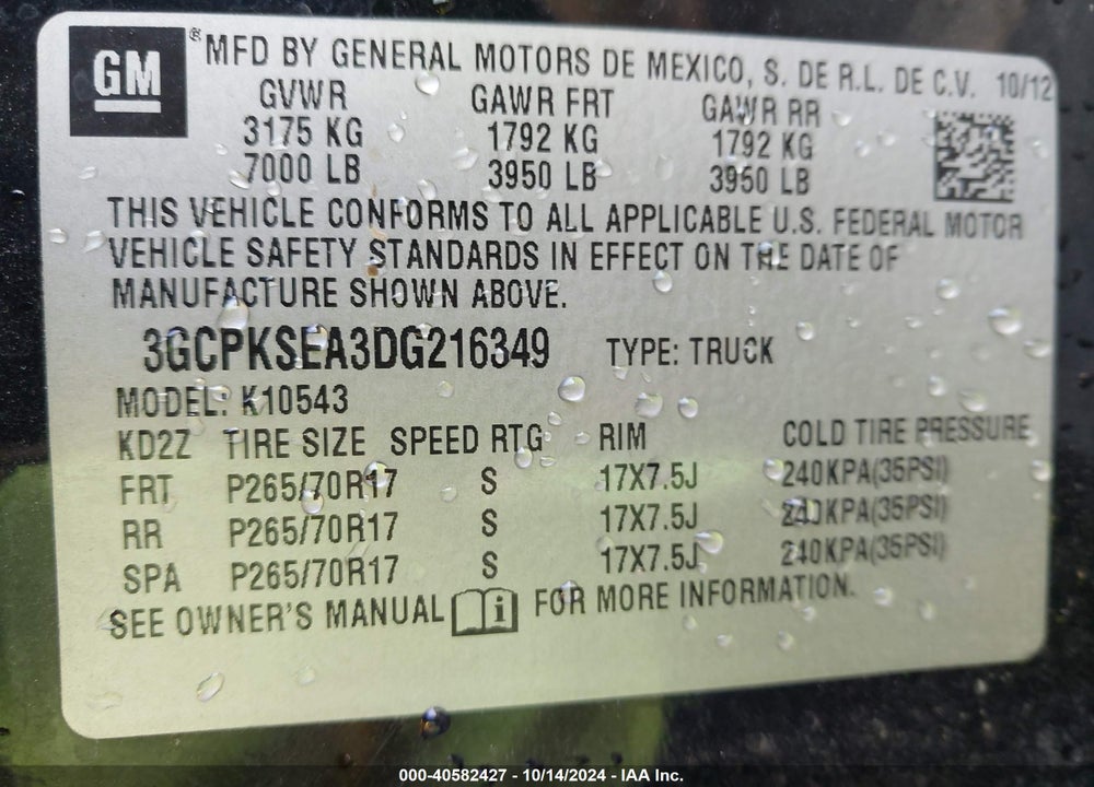 2013 CHEVROLET SILVERADO 1500 LT VIN: 3GCPKSEA3DG216349