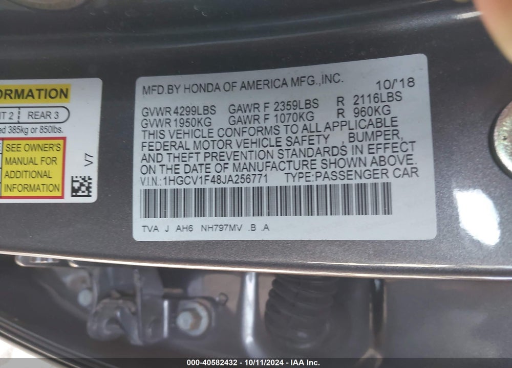 2018 HONDA ACCORD EX VIN: 1HGCV1F48JA256771