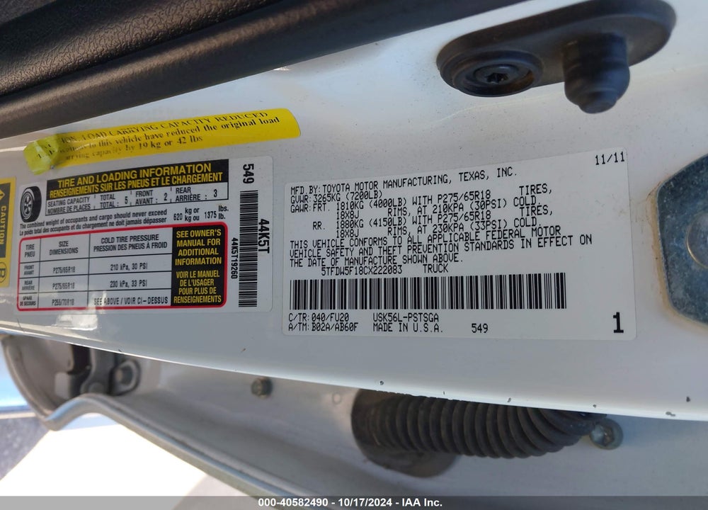 2012 TOYOTA TUNDRA GRADE 5.7L V8 VIN: 5TFDW5F18CX222083