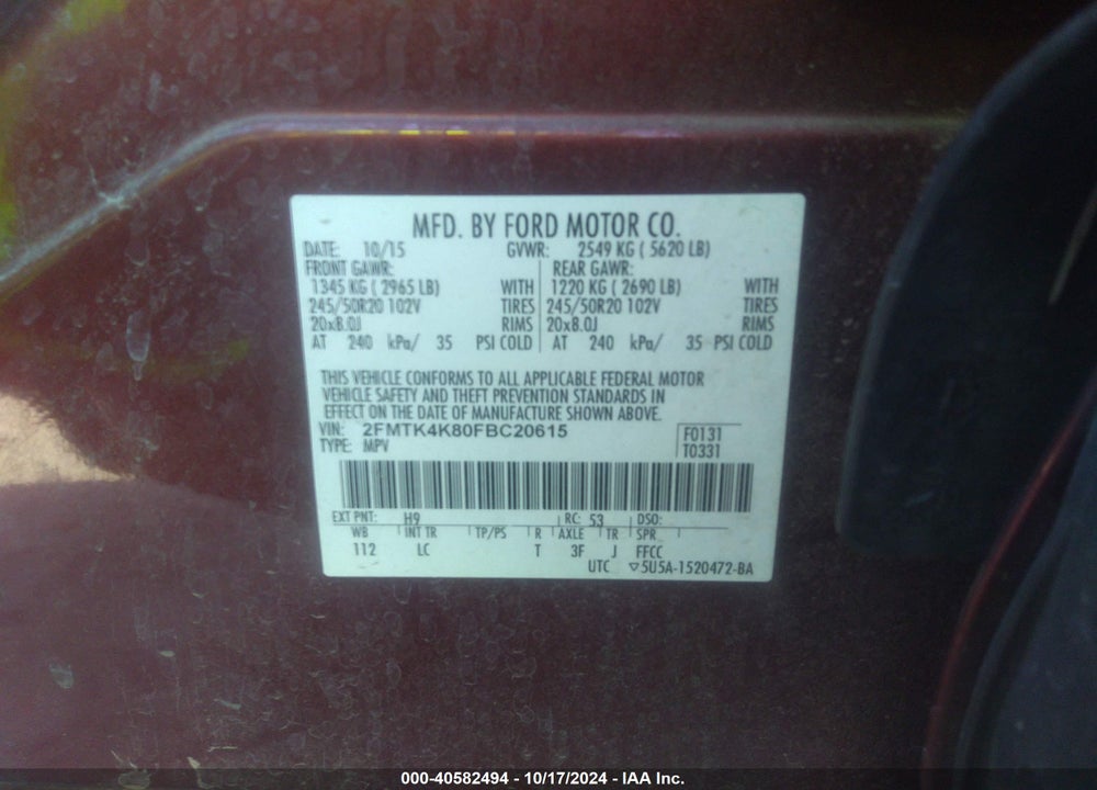 2015 FORD EDGE TITANIUM VIN: 2FMTK4K80FBC20615