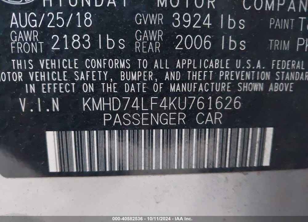 2019 HYUNDAI ELANTRA SE VIN: KMHD74LF4KU761626