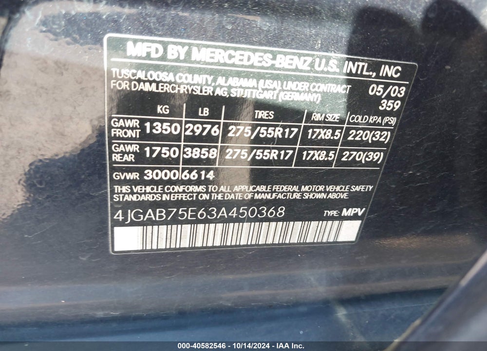 2003 MERCEDES-BENZ ML 500 VIN: 4JGAB75E63A450368