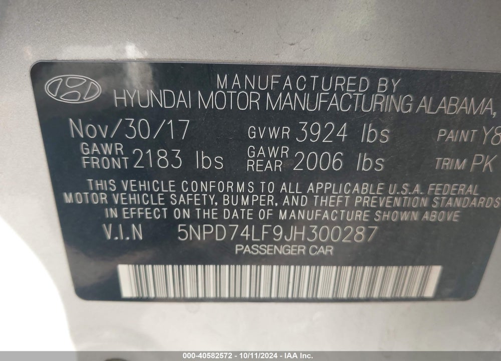 2018 HYUNDAI ELANTRA SE VIN: 5NPD74LF9JH300287