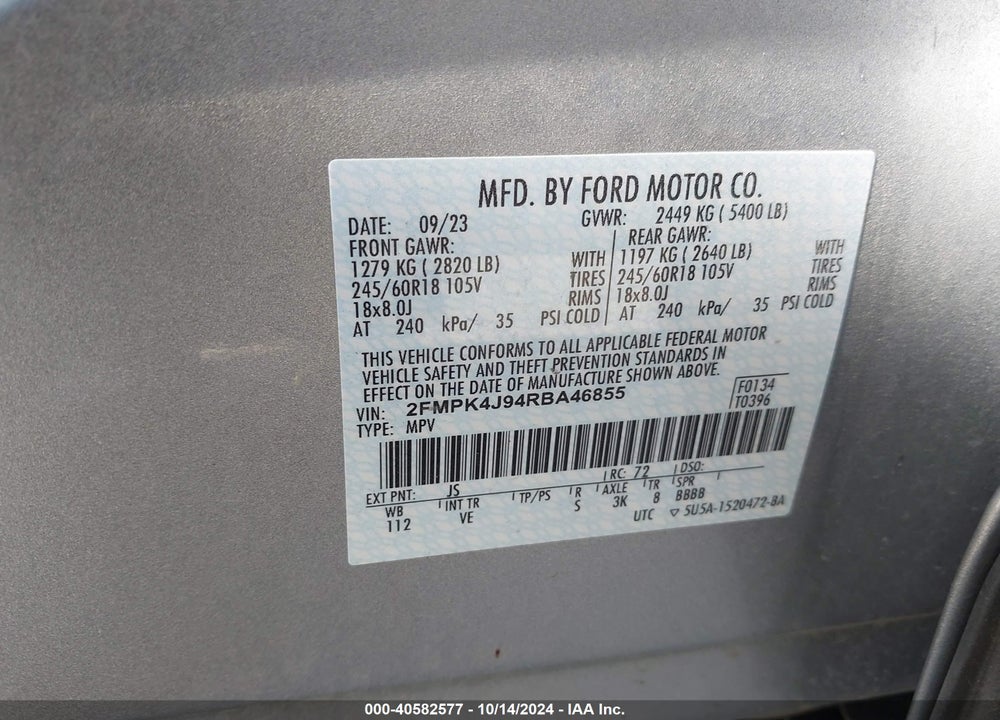 2024 FORD EDGE SEL VIN: 2FMPK4J94RBA46855