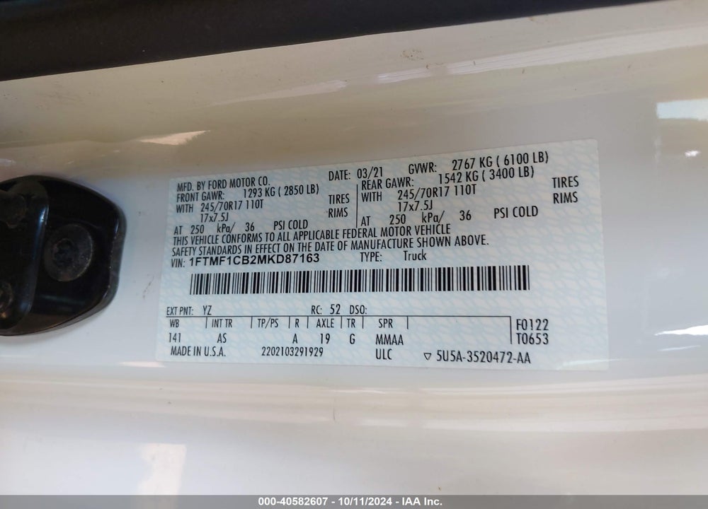 2021 FORD F-150 XL VIN: 1FTMF1CB2MKD87163