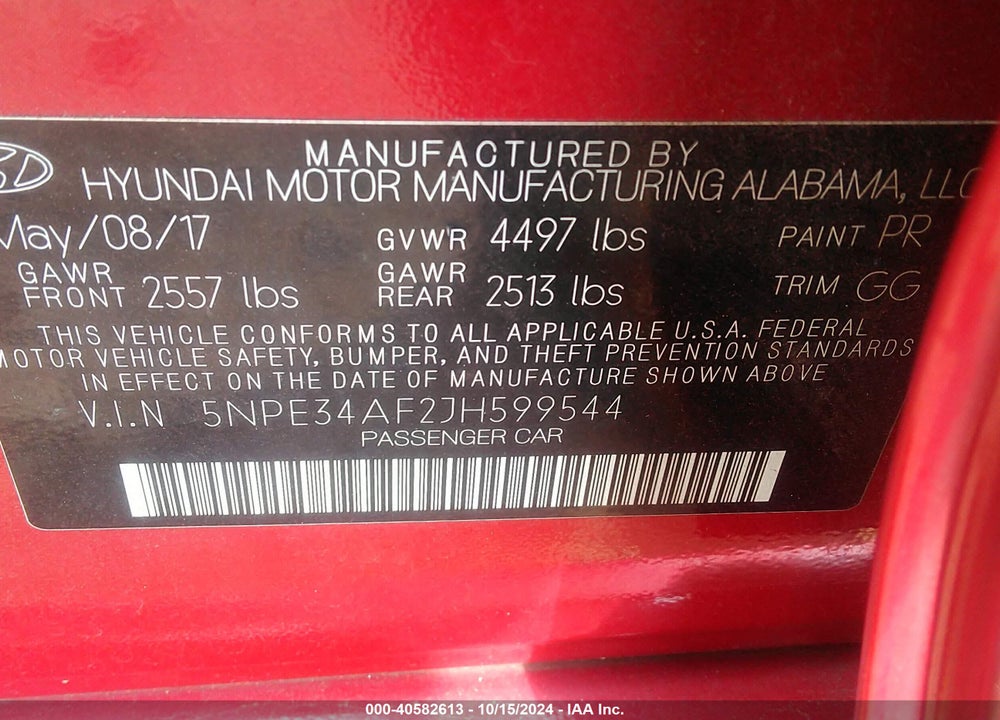 2018 HYUNDAI SONATA SEL VIN: 5NPE34AF2JH599544