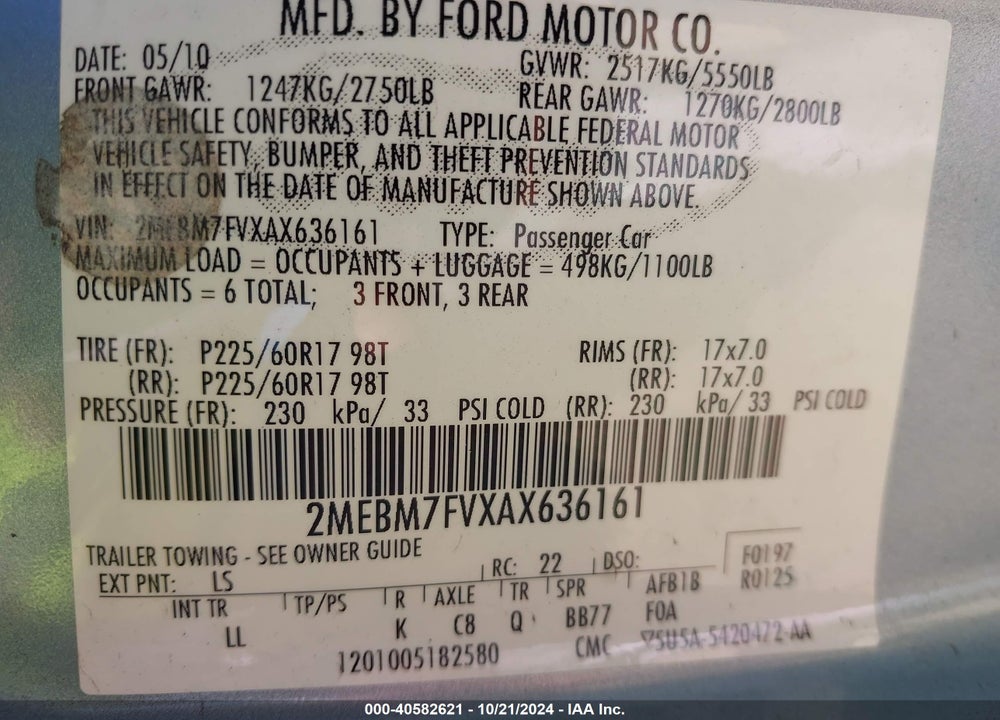 2010 MERCURY GRAND MARQUIS LS (FLEET ONLY) VIN: 2MEBM7FVXAX636161