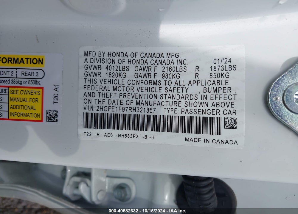 2024 HONDA CIVIC TOURING VIN: 2HGFE1F97RH321857
