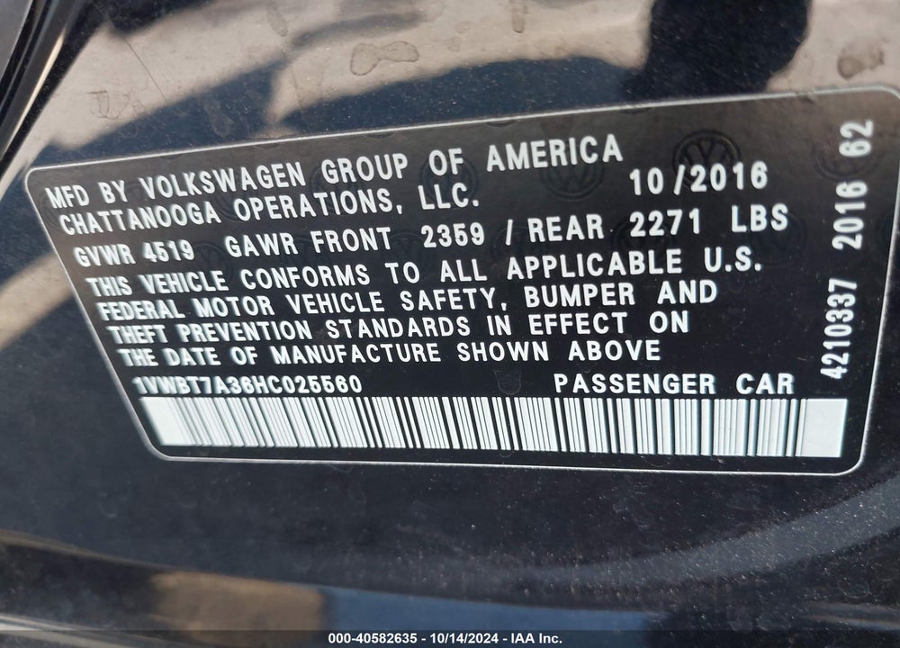 2017 VOLKSWAGEN PASSAT 1.8T SE VIN: 1VWBT7A36HC025560