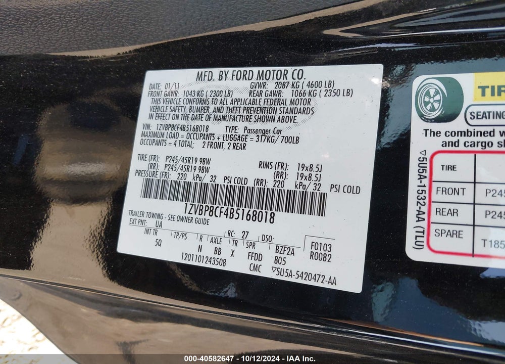 2011 FORD MUSTANG GT PREMIUM VIN: 1ZVBP8CF4B5168018