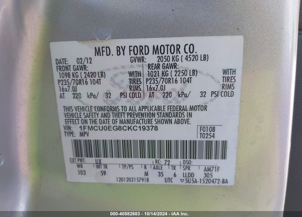 2012 FORD ESCAPE LIMITED VIN: 1FMCU0EG8CKC19378