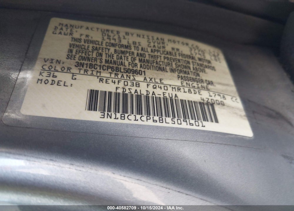 2011 NISSAN VERSA 1.8S VIN: 3N1BC1CP6BL509601