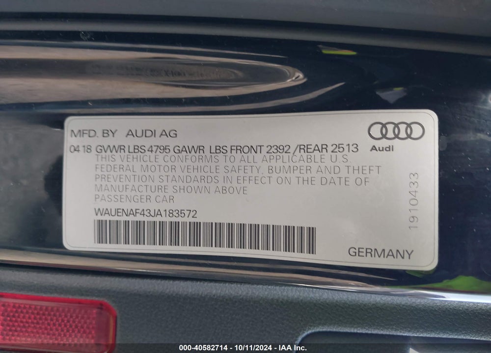 2018 AUDI A4 2.0T PREMIUM/2.0T TECH PREMIUM VIN: WAUENAF43JA183572