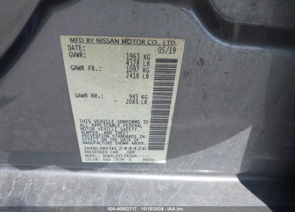 2019 NISSAN ALTIMA 2.5 S VIN: 1N4BL4BV3KC244426