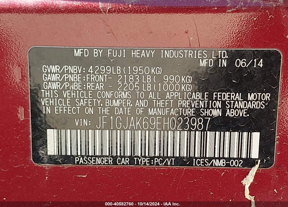 2014 SUBARU IMPREZA 2.0I LIMITED VIN: JF1GJAK69EH023987