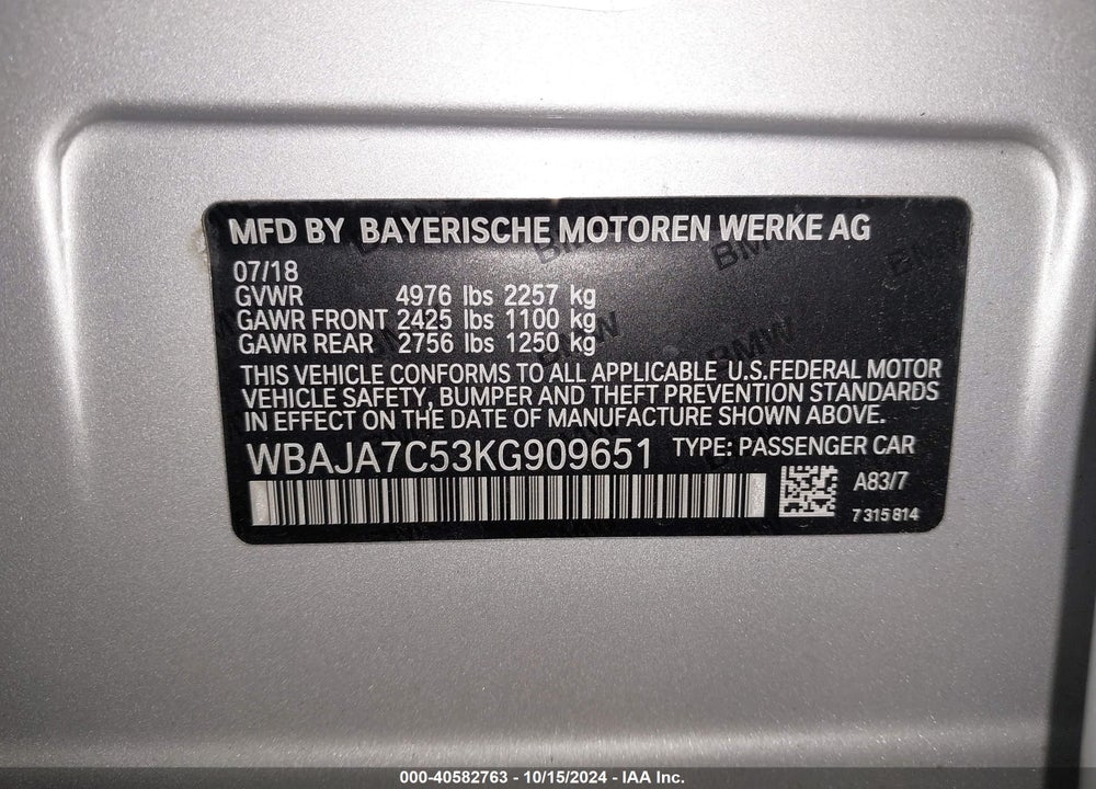 2019 BMW 530I XDRIVE VIN: WBAJA7C53KG909651