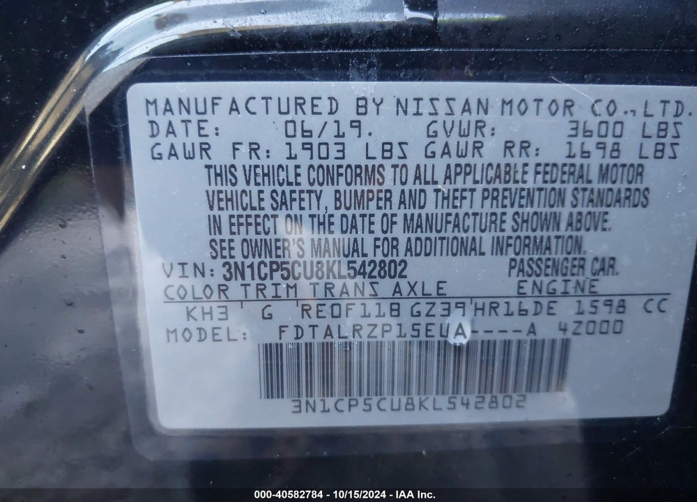 2019 NISSAN KICKS S VIN: 3N1CP5CU8KL542802