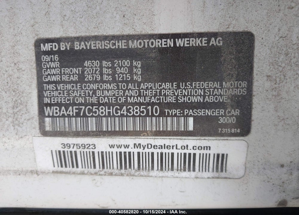 2017 BMW 430I GRAN COUPE VIN: WBA4F7C58HG438510