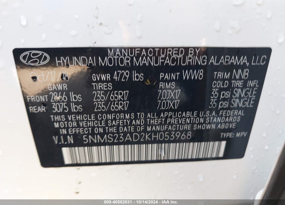 2019 HYUNDAI SANTA FE SE VIN: 5NMS23AD2KH053968