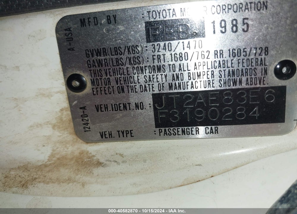 1985 TOYOTA COROLLA LE VIN: JT2AE83E6F3190284