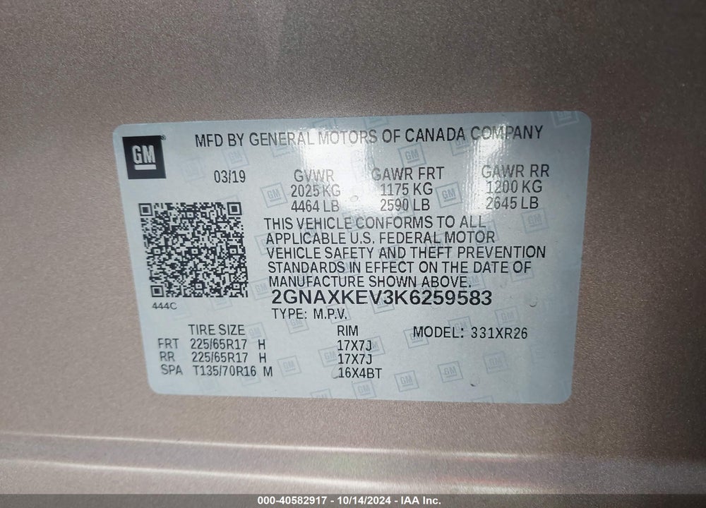 2019 CHEVROLET EQUINOX LT VIN: 2GNAXKEV3K6259583