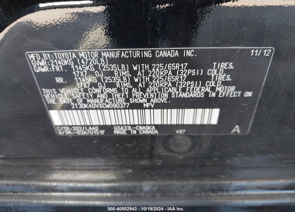 2012 TOYOTA RAV4 LIMITED V6 VIN: 2T3DK4DVXCW090377
