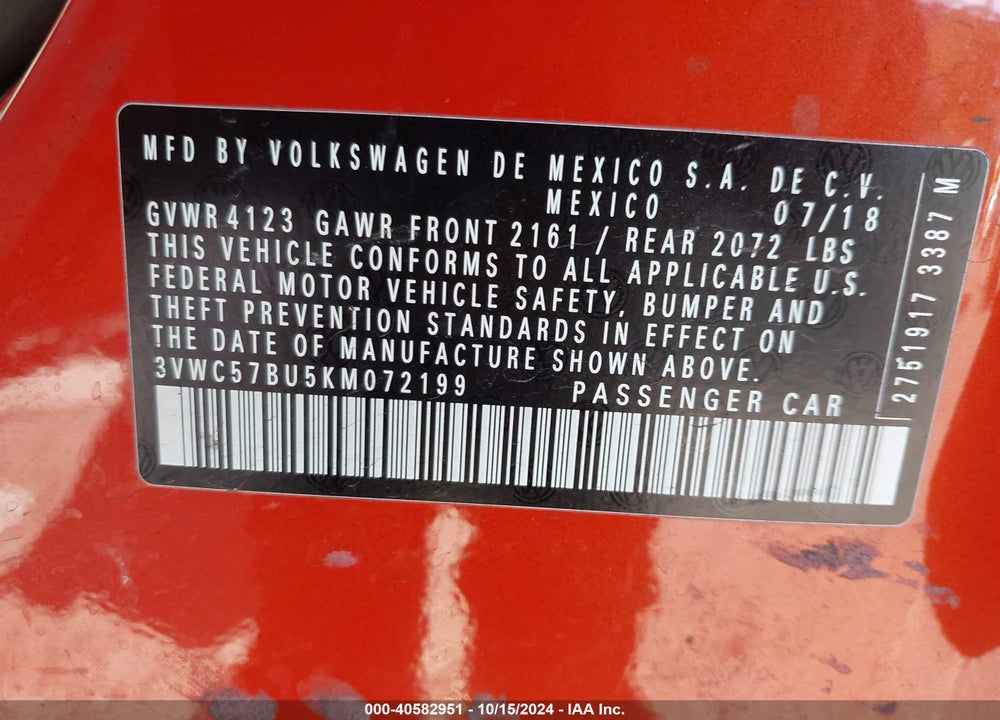 2019 VOLKSWAGEN JETTA 1.4T R-LINE/1.4T S/1.4T SE VIN: 3VWC57BU5KM072199