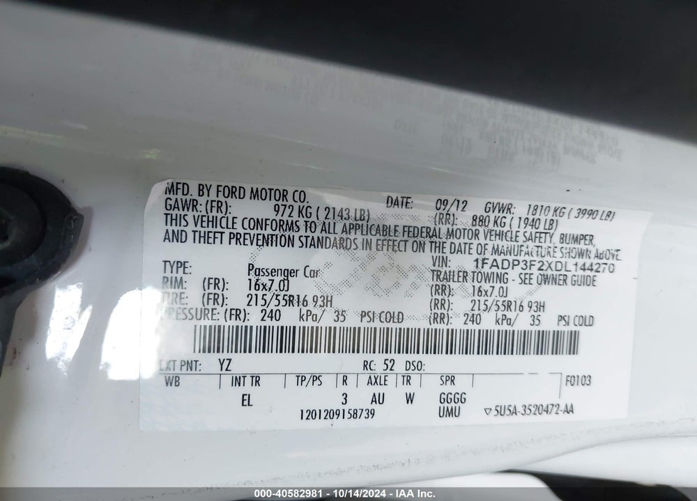 2013 FORD FOCUS SE VIN: 1FADP3F2XDL144270