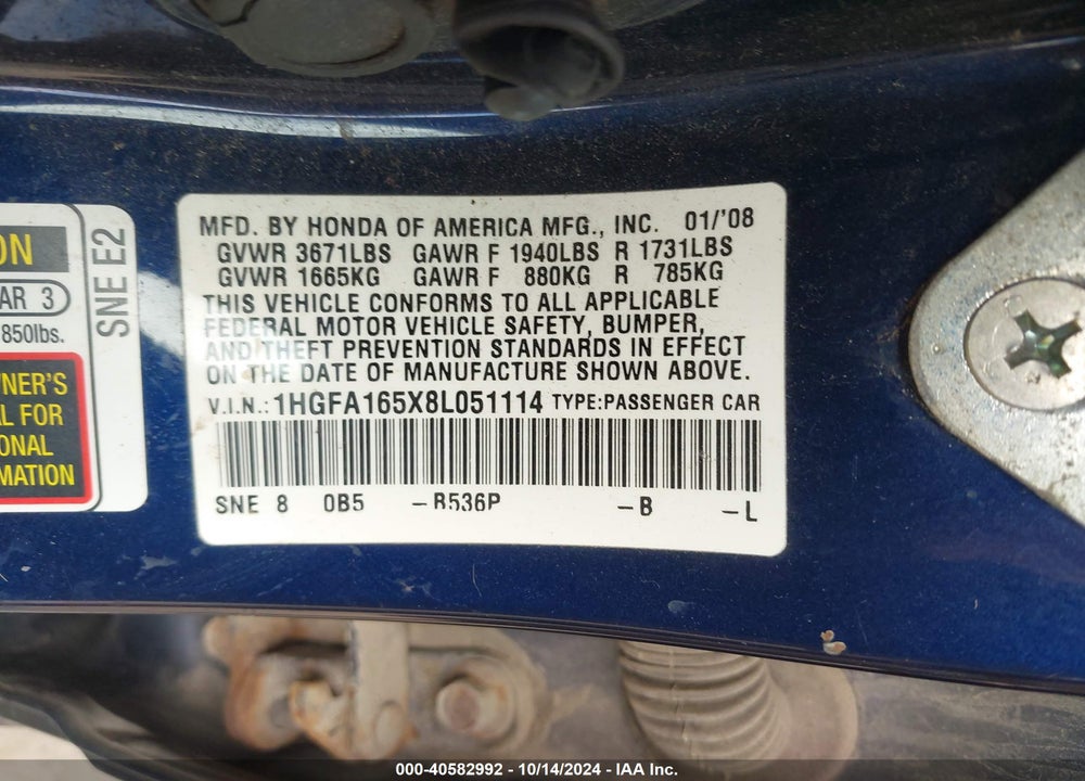 2008 HONDA CIVIC LX VIN: 1HGFA165X8L051114