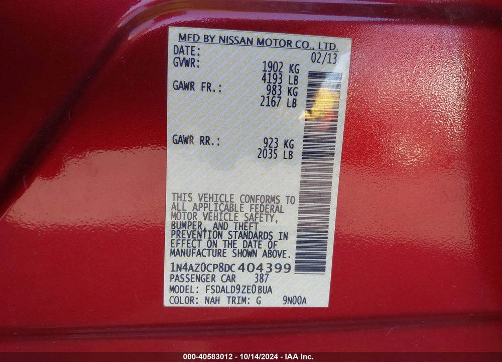 2013 NISSAN LEAF SV VIN: 1N4AZ0CP8DC404399
