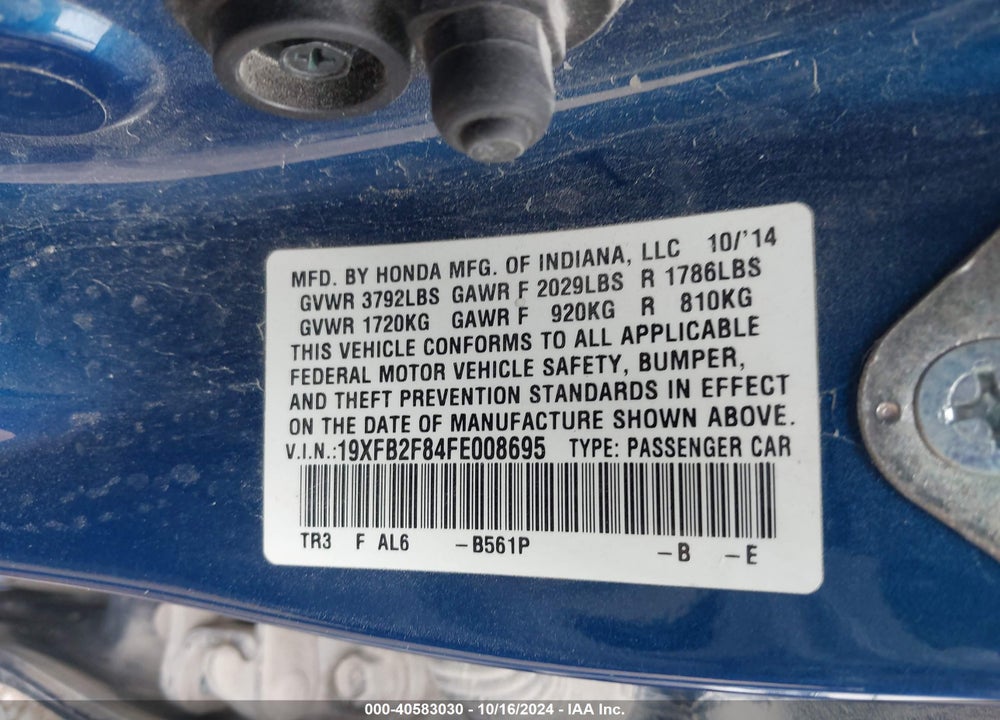 2015 HONDA CIVIC EX VIN: 19XFB2F84FE008695