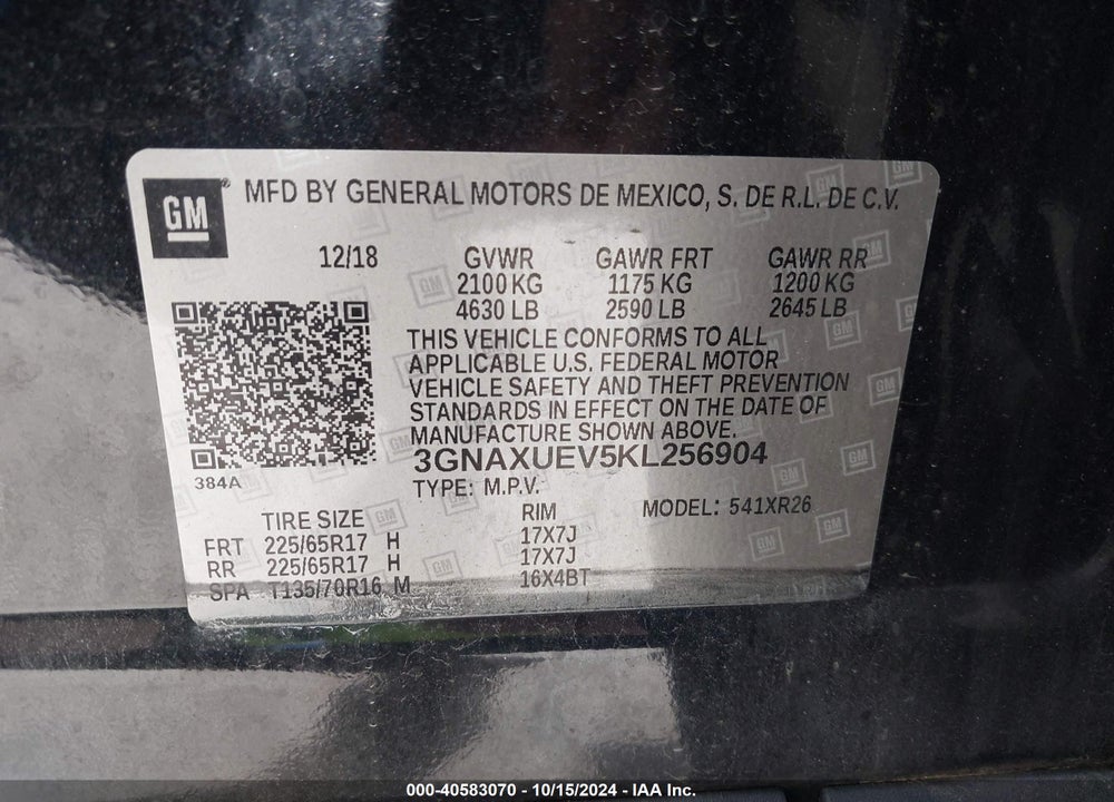 2019 CHEVROLET EQUINOX LT VIN: 3GNAXUEV5KL256904