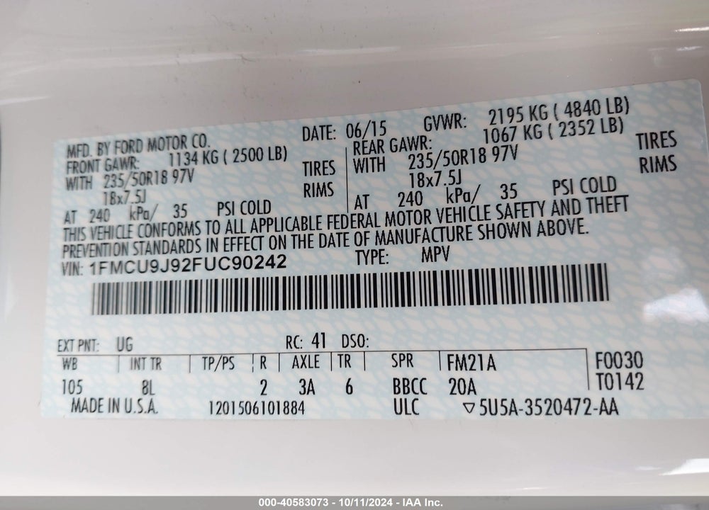 2015 FORD ESCAPE TITANIUM VIN: 1FMCU9J92FUC90242