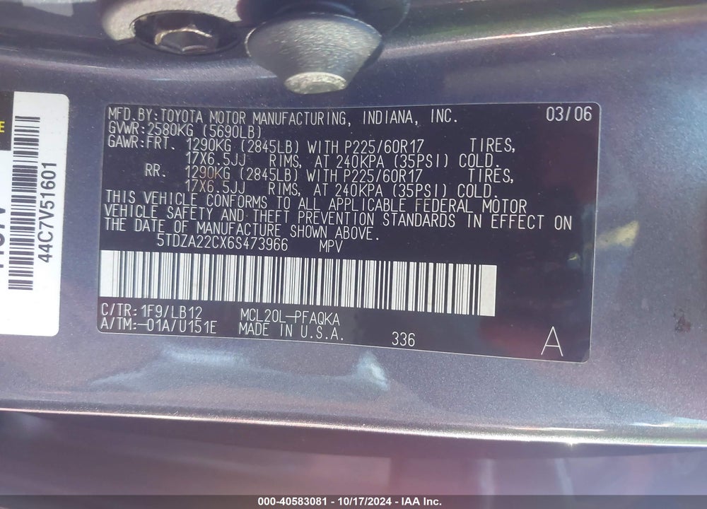 2006 TOYOTA SIENNA XLE/XLE LIMITED VIN: 5TDZA22CX6S473966