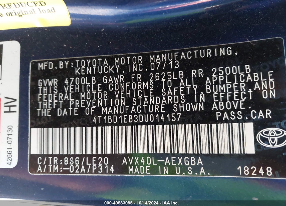 2013 TOYOTA AVALON HYBRID XLE TOURING VIN: 4T1BD1EB3DU014157