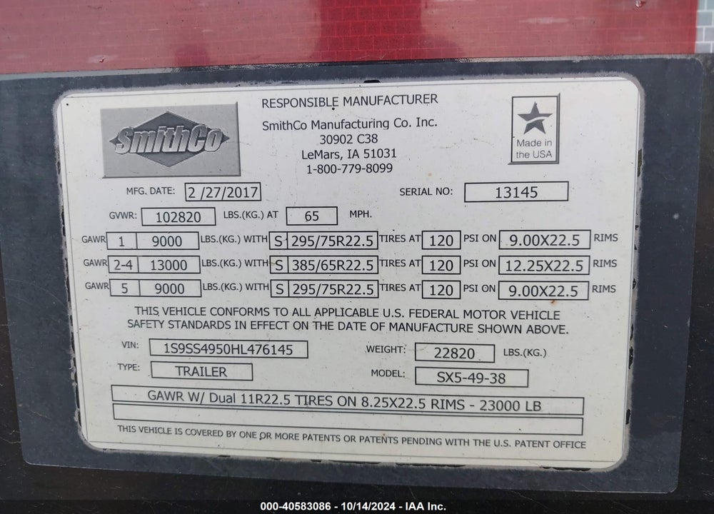 2017 SMITHCO MANUFACTURING --- VIN: 1S9SS4950HL476145