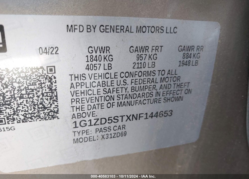 2022 CHEVROLET MALIBU FWD LT VIN: 1G1ZD5STXNF144653