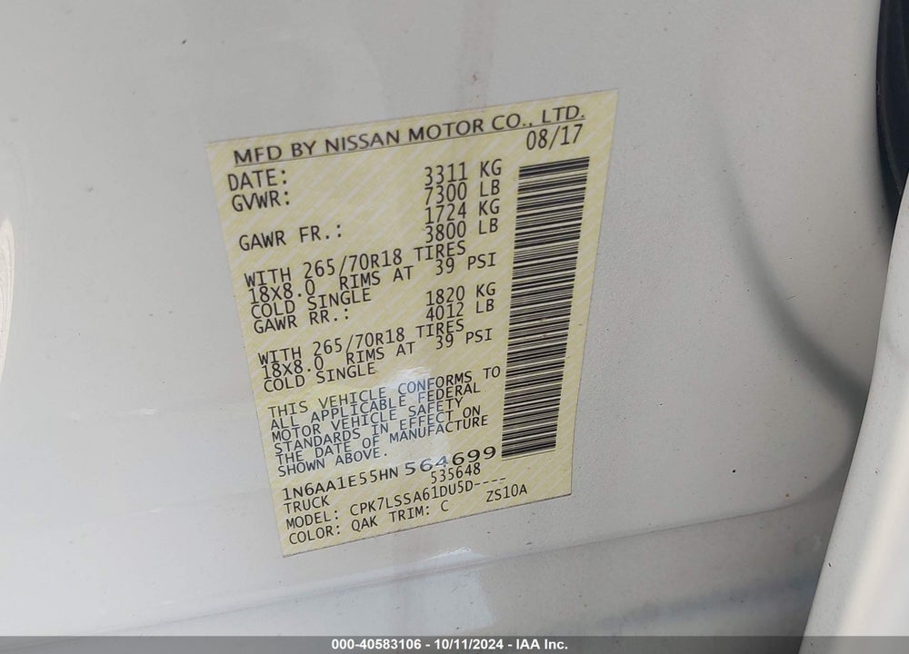 2017 NISSAN TITAN SV VIN: 1N6AA1E55HN564699