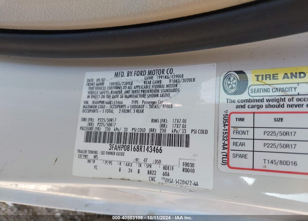 2008 FORD FUSION VIN: 3FAHP08168R143466