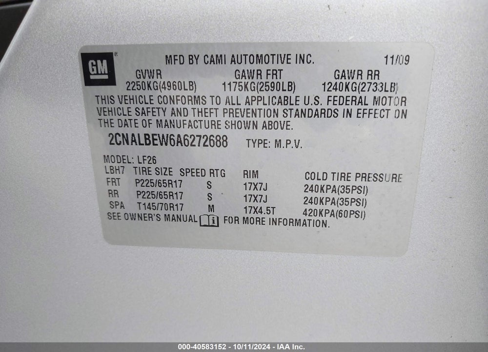 2010 CHEVROLET EQUINOX LS VIN: 2CNALBEW6A6272688