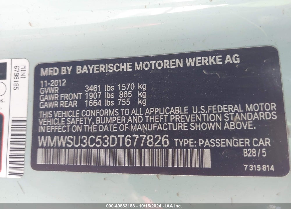2013 MINI HARDTOP COOPER VIN: WMWSU3C53DT677826