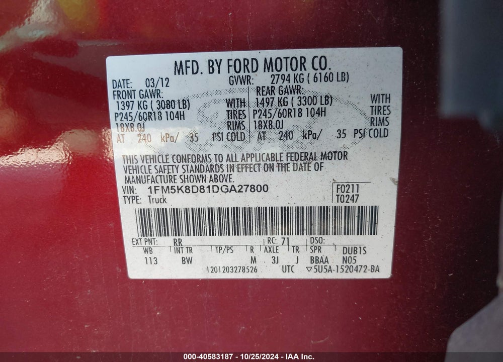 2013 FORD EXPLORER XLT VIN: 1FM5K8D81DGA27800
