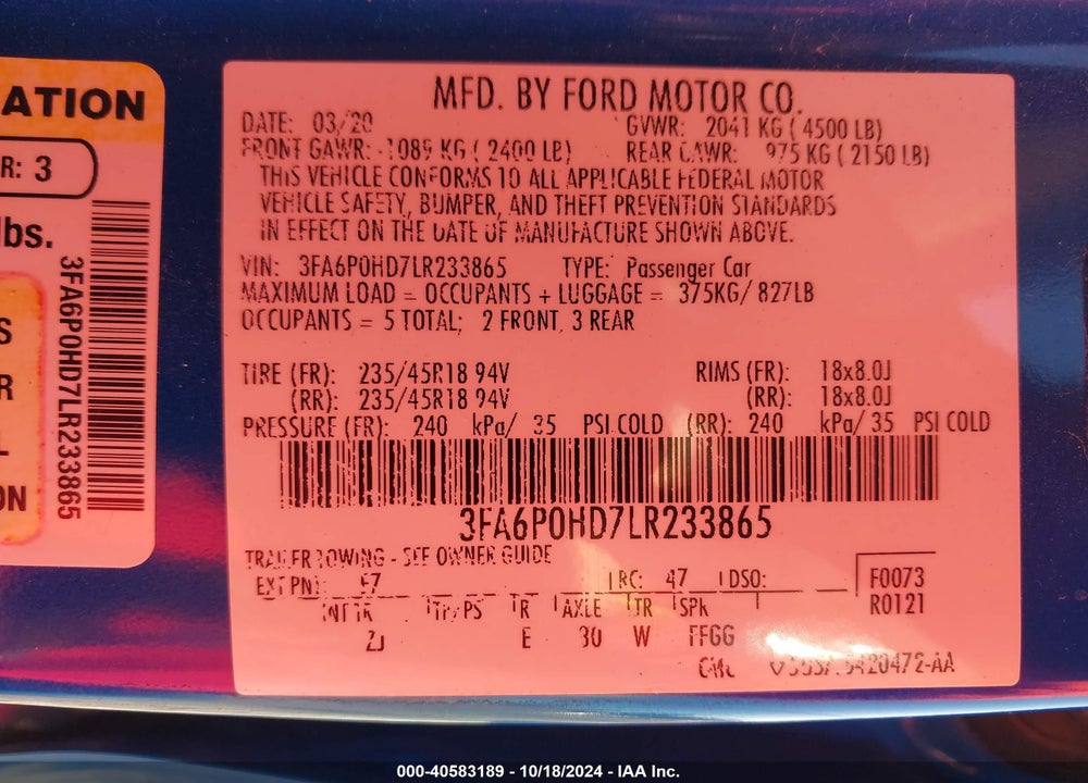 2020 FORD FUSION SE VIN: 3FA6P0HD7LR233865