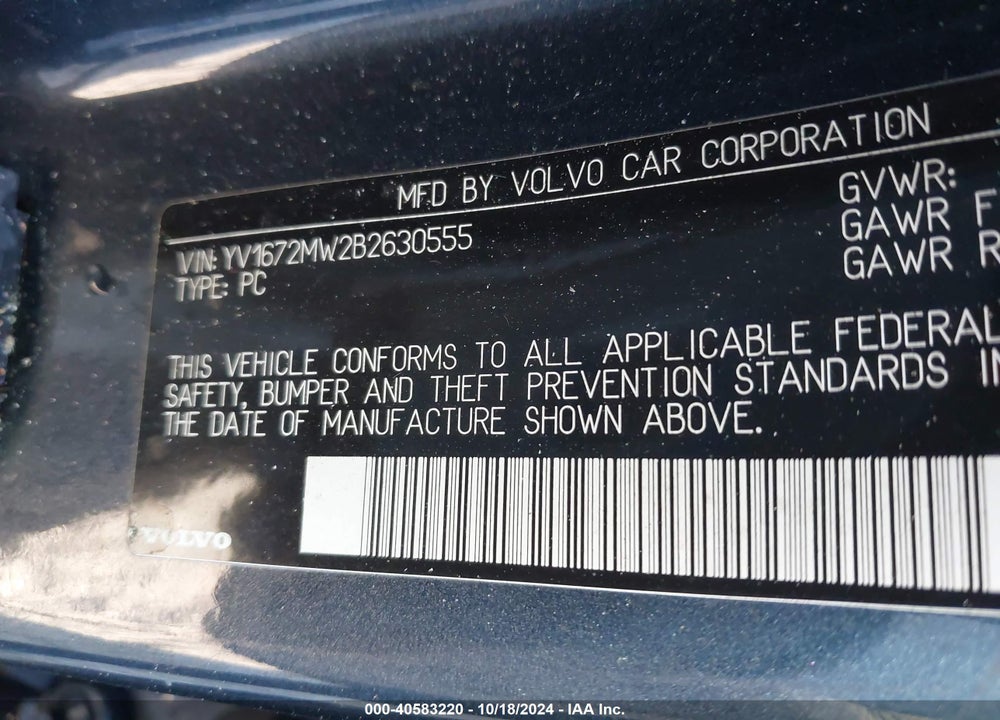2011 VOLVO V50 VIN: YV1672MW2B2630555
