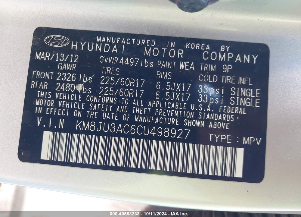 2012 HYUNDAI TUCSON GLS VIN: KM8JU3AC6CU498927